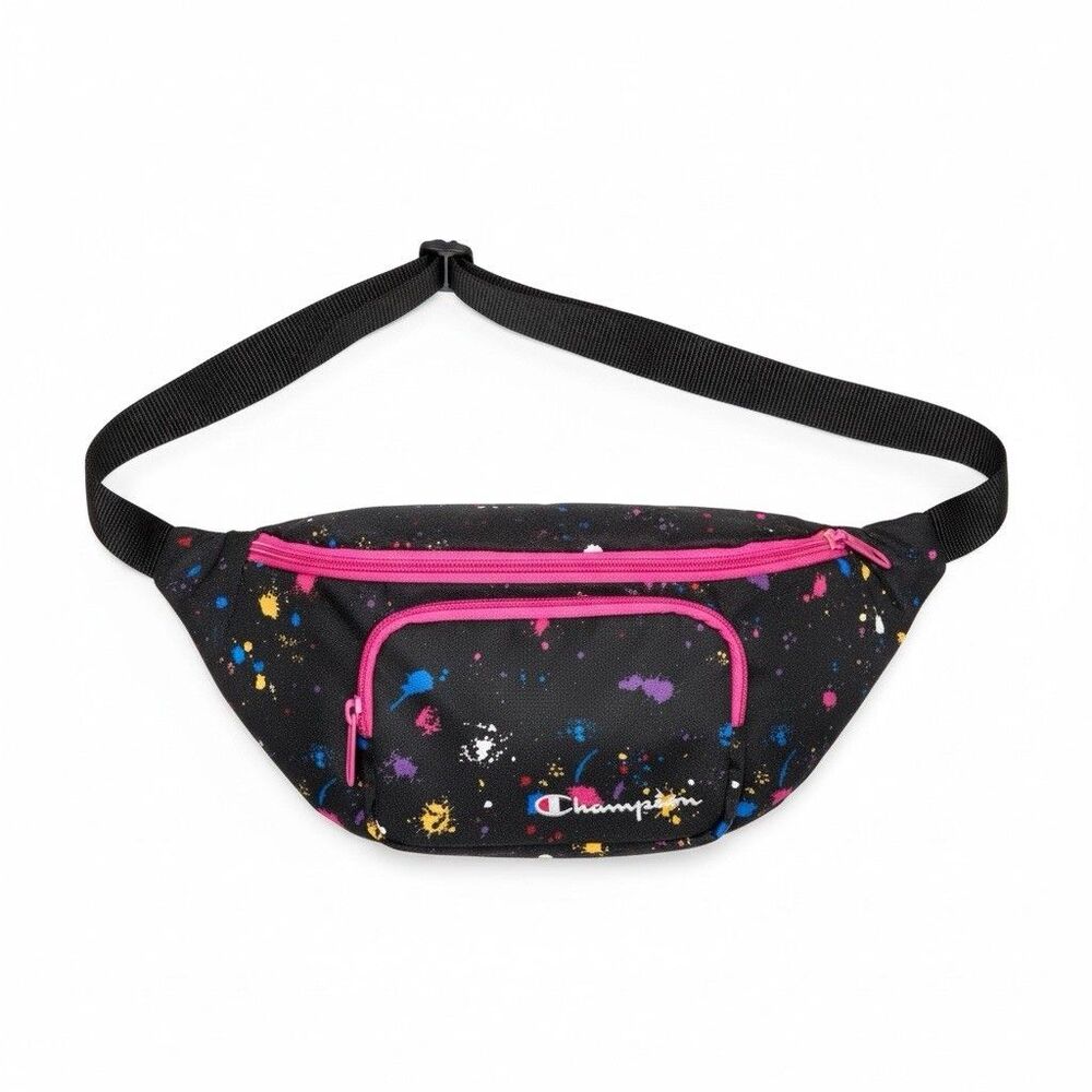Champion Paint Splatter Fanny Pack Belt Bag Festival Concert Rave Black Pink NWT